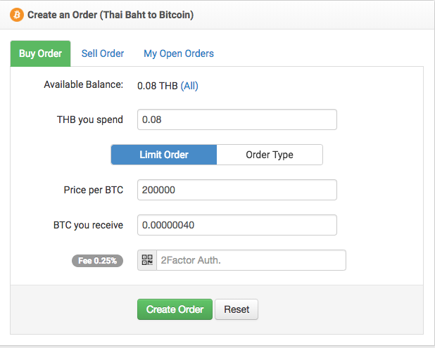 Create an Order (Thai Baht to Bitcoin)